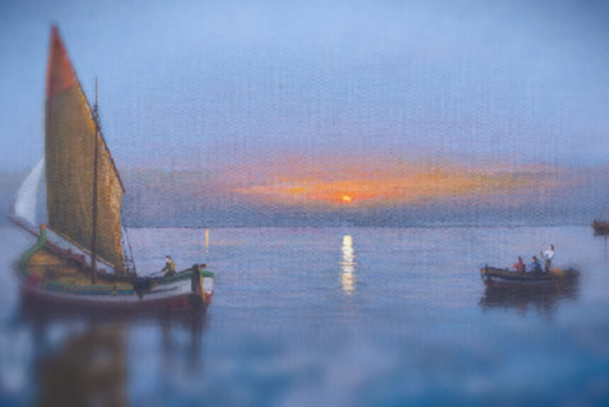 LaSerenissima_MostraPersonale-Colussi_Ghetto-etcetera_2021 Quadro di Fabio Colussi rappresentante una vela al tramonto