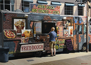 Quadro di Donatella Chiara Bedello che rappresenta il food truck Fried Dough a New York con un cliente in attesa
