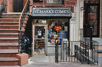 Quadro di Donatella Chiara Bedello che rappresenta la vetrina del negozio St Mark's comics a New York
