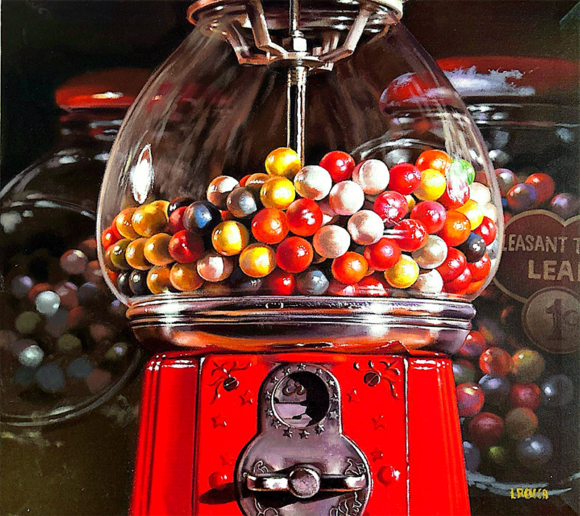 Dettaglio di un dispenser di gomme da masticare colorate