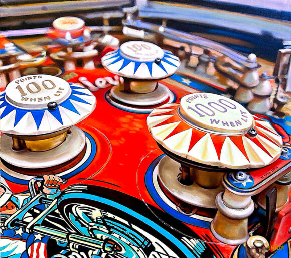 Dettaglio di un flipper della serie "Evel Knievel"
