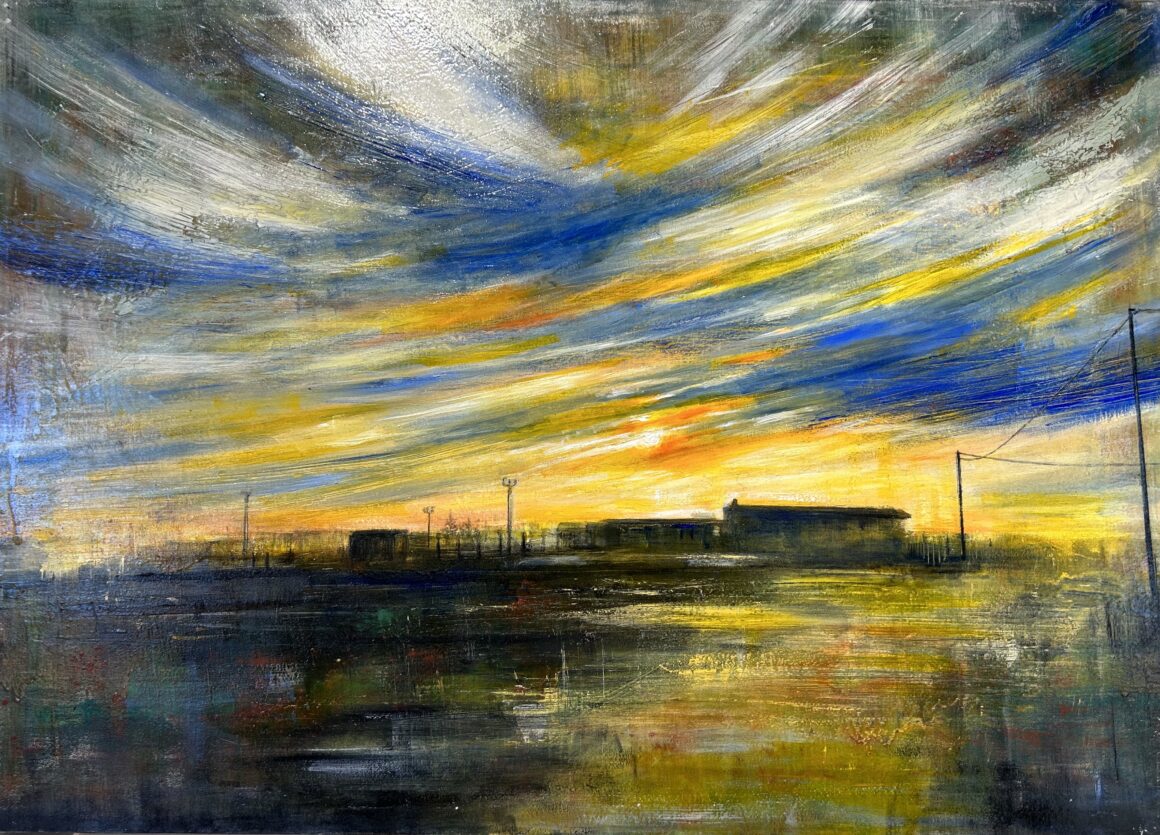 Quadro di Mariarosaria Stigliano che rappresenta una veduta urbana al tramonto